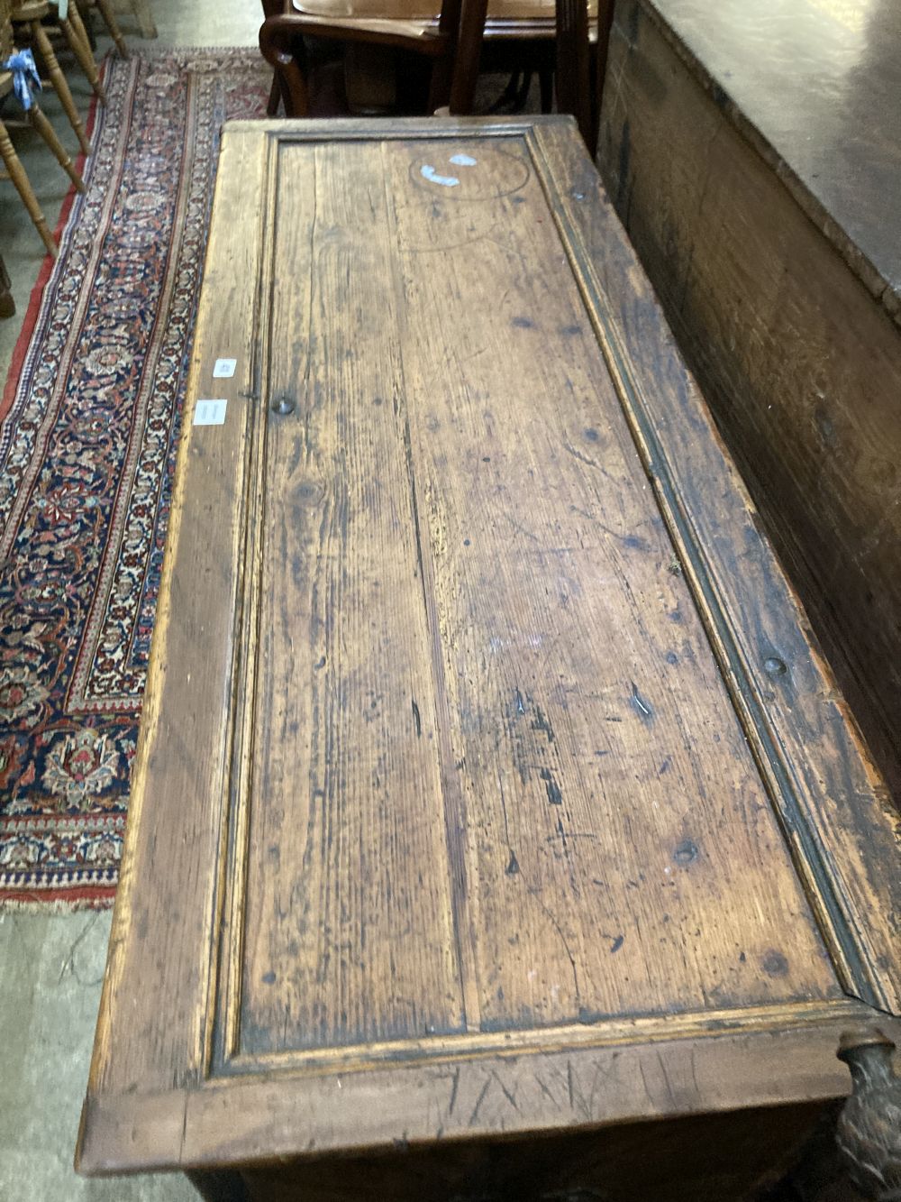 A Swiss 1813 painted coffer, width 152cm depth 59cm height 79cm